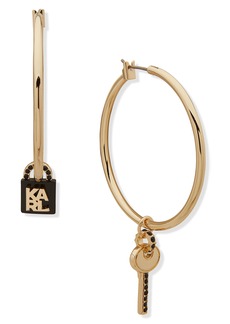 Karl Lagerfeld Paris Lock and Key Enamel & Crystal Charm Hoop Earrings in Gold/Jet at Nordstrom Rack