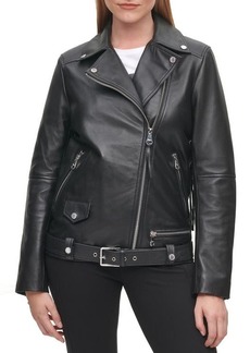 Karl Lagerfeld Paris Logo Fringe Leather Moto Jacket in Black at Nordstrom
