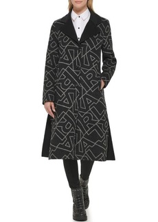 Karl Lagerfeld Paris Logo Print Wool Blend Maxi Overcoat in Black-Grey at Nordstrom