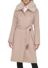 Karl Lagerfeld Paris Luxe Belted Twill Wool Blend Coat with Removable Faux Fur Collar