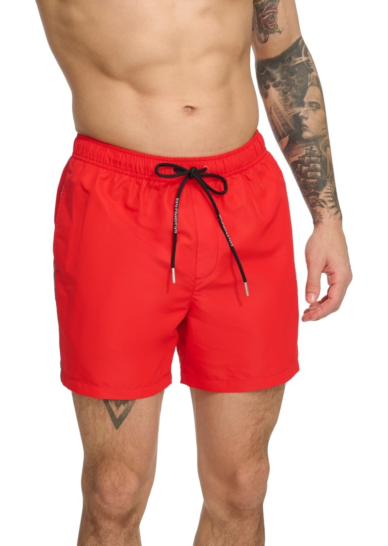 "Karl Lagerfeld Paris Men's Logo Tape Drawstring 5"" Swim Trunks - Red"