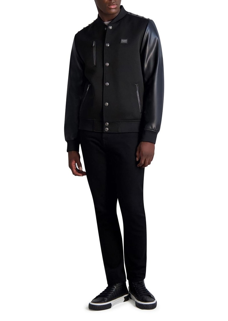 Karl Lagerfeld Paris Men's Mixed Media Studded Bomber Jacket