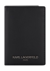 Karl Lagerfeld Paris Men's Nappa Leather Iconic Gunmetal Plate Foldable Card Holder Black_Logo