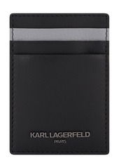 Karl Lagerfeld Paris Men's Nappa Grey Bubble Leather Iconic Logo on a Gunmetal Plate Card Holder