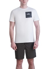 "Karl Lagerfeld Paris Men's Slim-Fit Diamond-Grid Logo-Print 7-1/2"" Drawstring Shorts, Created for Macy's - Brown"