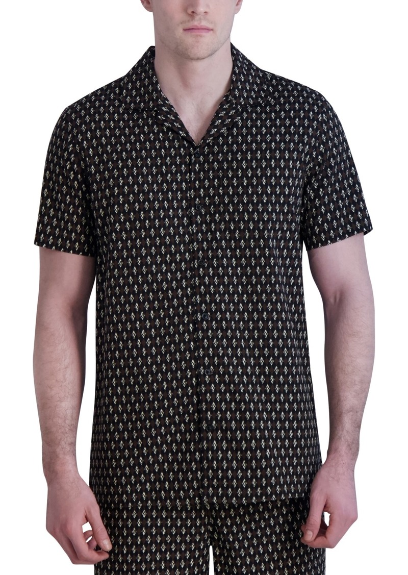 Karl Lagerfeld Paris Men's Slim-Fit Diamond Grid Logo-Print Button-Down Camp Shirt, Created for Macy's - Brown