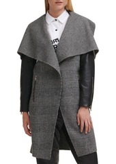 Karl Lagerfeld Paris Mix Plaid Drape Collar Wool Blend Coat