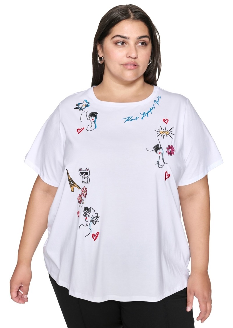 Karl Lagerfeld Paris Plus Size Embroidered T-Shirt, Created for Macy's - White/Multi