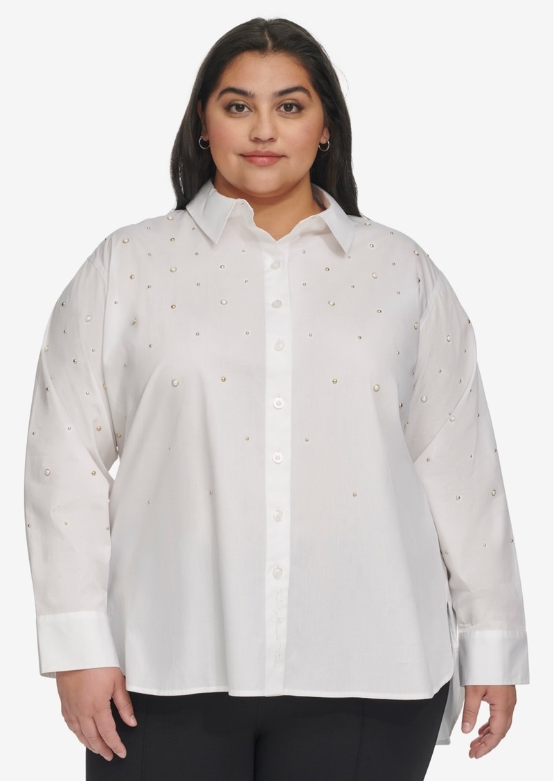 Karl Lagerfeld Paris Plus Size Imitation Pearl Blouse, First@Macy's - White