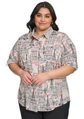 Karl Lagerfeld Paris Plus Size Whimsical Woven Shirt, First@Macy's - Dune Pink Multi