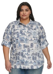 Karl Lagerfeld Paris Plus Size Whimsical Woven Shirt, First@Macy's - Dune Pink Multi