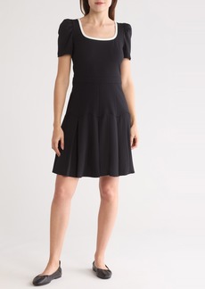 Karl Lagerfeld Paris Puff Sleeve Pleated Dress in Black Soft White at Nordstrom Rack