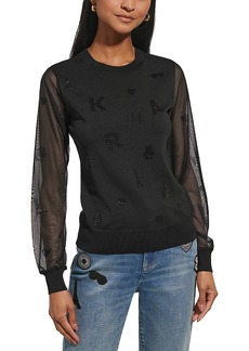 Karl Lagerfeld Paris Semi Sheer Sleeve Crewneck Sweater