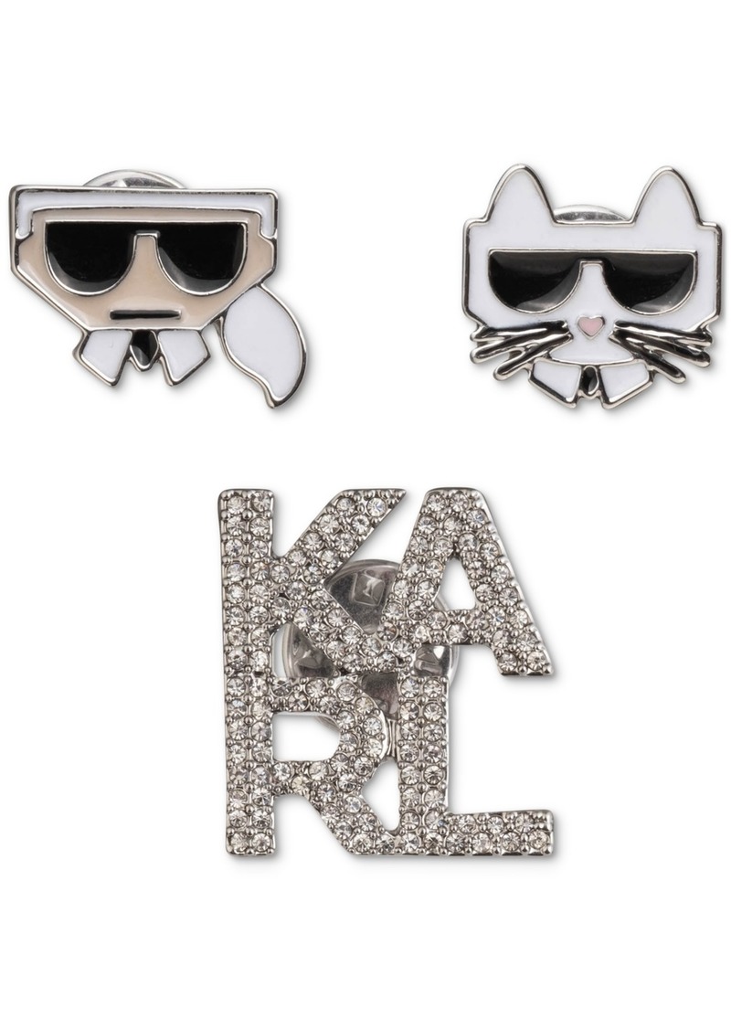 Karl Lagerfeld Paris Silver-Tone 3-Pc. Set Pave Logo & Choupette Pins - Crystal