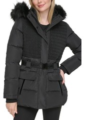 Karl Lagerfeld Paris Smocked Belted Ski Puffer Jacket with Faux Fur Hood