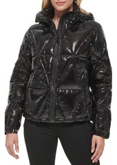 Karl Lagerfeld Paris Water Resistant Down & Feather Fill Short Hooded Puffer Coat