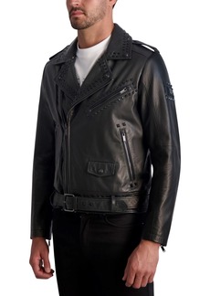 Karl Lagerfeld Paris White Label Men's Slim Fit Studded Leather Asymmetrical Zip Front Biker Jacket - Black