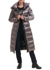 Karl Lagerfeld Womens Shine Hooded Belted Puffer Coat - Gunmetal