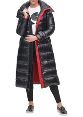 Karl Lagerfeld Womens Shine Hooded Belted Puffer Coat - Black
