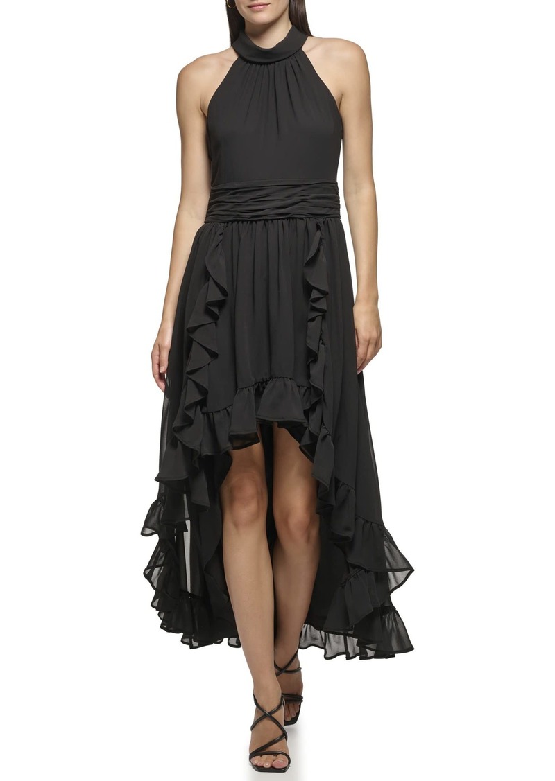 Karl Lagerfeld Paris Women's Chiffon High-Low Maxi Dress with Ruffle Skirt and Mock Neck