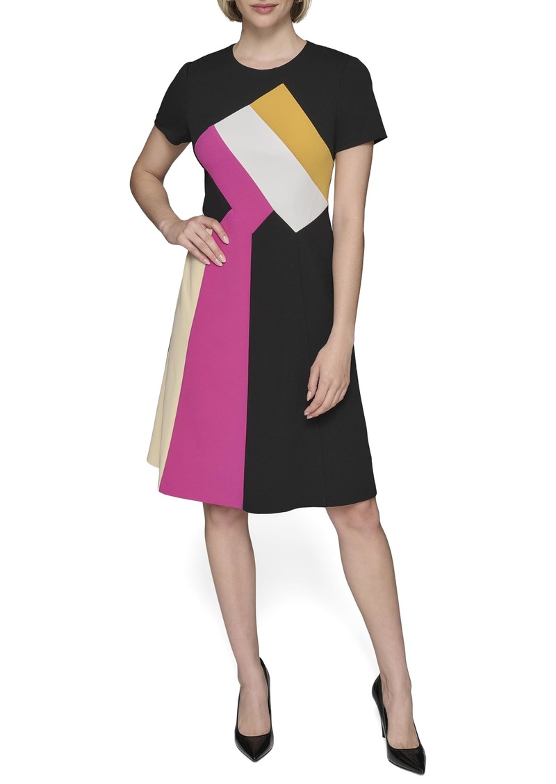 Karl Lagerfeld Paris Women's Color Block Recycled Scuba Crepe Short Sleeve A Line Dress