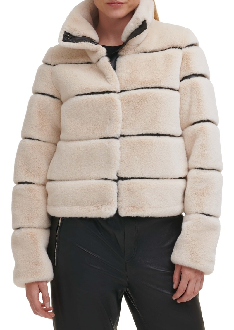 Karl Lagerfeld Paris Womens Faux-Leather Trim Faux-Fur Short Coat - Oyster