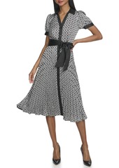 Karl Lagerfeld Paris Women's Geo Printed Dress with Ruffle Skirt CHARTRUESE Multi