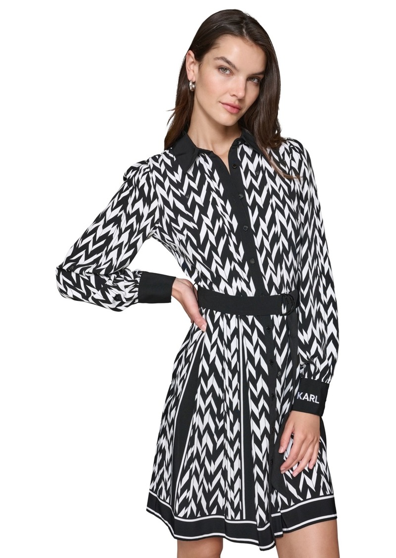 Karl Lagerfeld Paris Women's Herringbone-Print Shirtdress - Black  Soft White