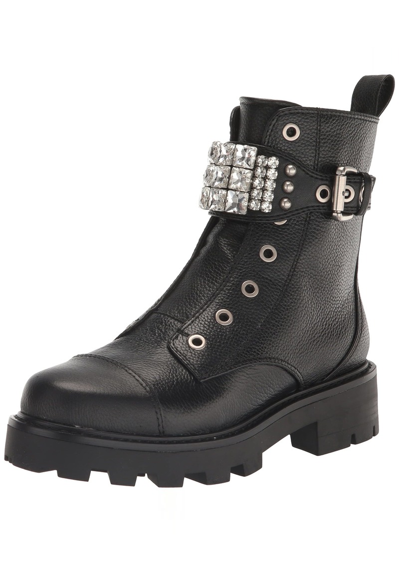 KARL LAGERFELD PARIS Women's Lug-Sole Maeva Combat Boot with A Crystal Detailed Fashion