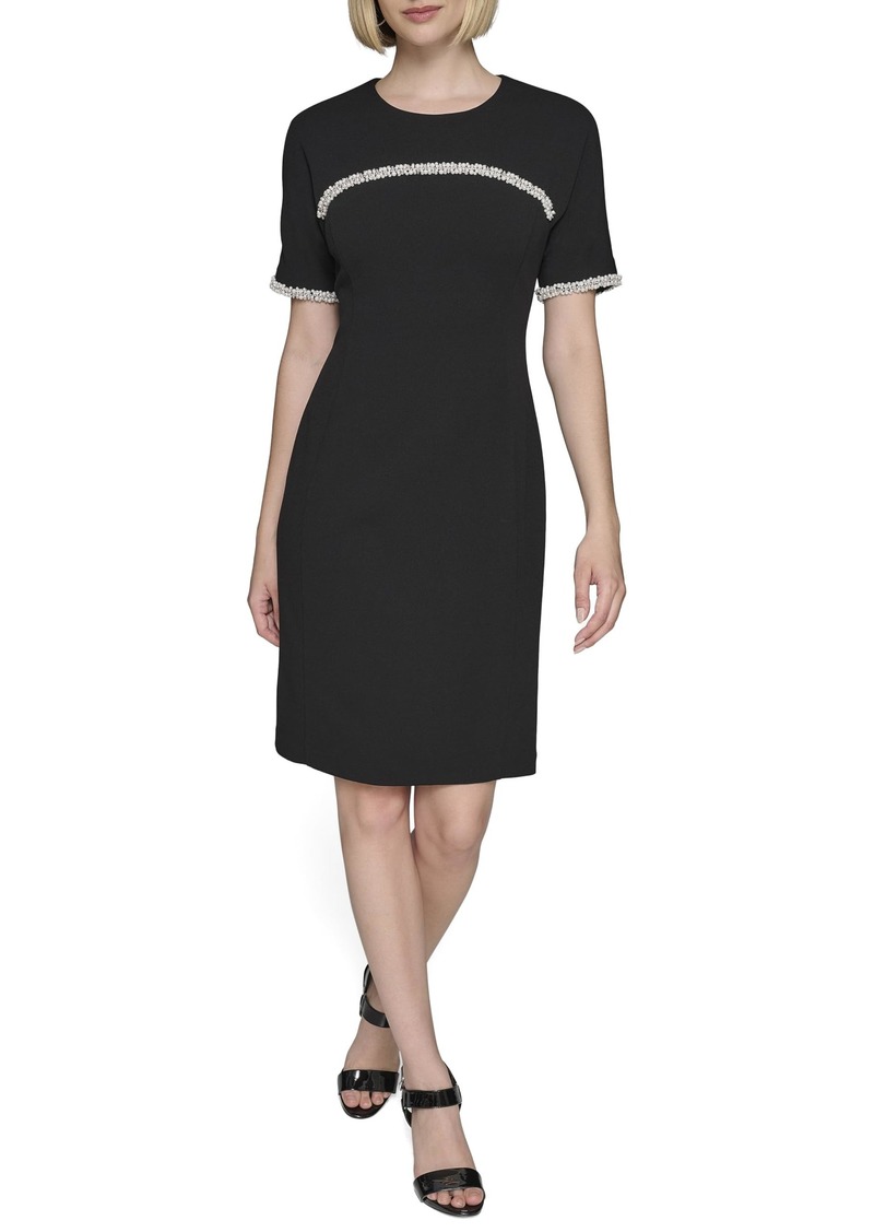 Karl Lagerfeld Paris Women's Pearl Trim Short Sleeve Round Neck Sheath Dress