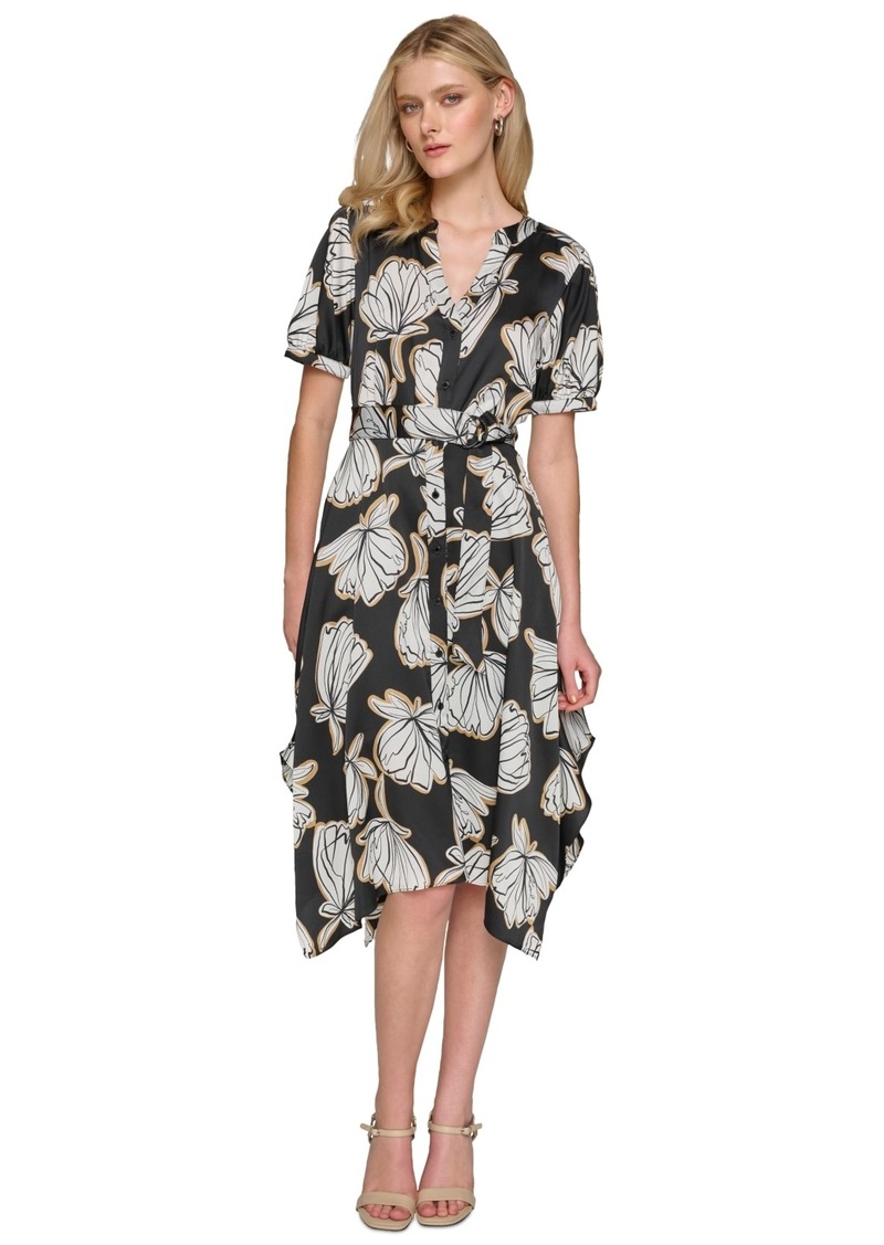 Karl Lagerfeld Paris Women's Printed Button-Front Tie-Waist Dress - Blck Multi