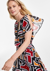 Karl Lagerfeld Paris Women's Printed High-Low Flutter-Sleeve Dress - Black Multi