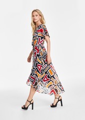 Karl Lagerfeld Paris Women's Printed High-Low Flutter-Sleeve Dress - Black Multi