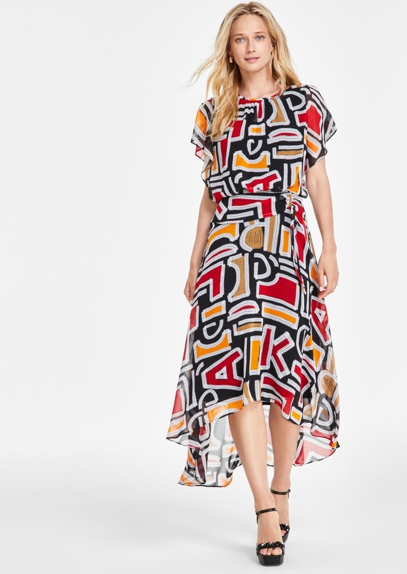 Karl Lagerfeld Paris Women's Printed High-Low Flutter-Sleeve Dress - Black Multi