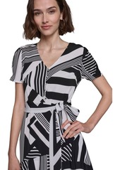 Karl Lagerfeld Paris Women's Printed Tie-Waist Tiered V-Neck Dress - Soft White