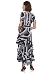 Karl Lagerfeld Paris Women's Printed Tie-Waist Tiered V-Neck Dress - Soft White