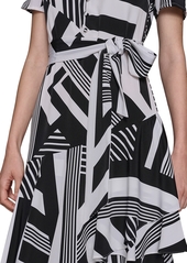 Karl Lagerfeld Paris Women's Printed Tie-Waist Tiered V-Neck Dress - Soft White