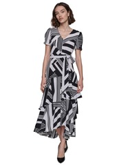 Karl Lagerfeld Paris Women's Printed Tie-Waist Tiered V-Neck Dress - Soft White