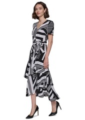 Karl Lagerfeld Paris Women's Printed Tie-Waist Tiered V-Neck Dress - Soft White