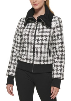 Karl Lagerfeld Paris Women's Sweater Collar Tweed Bomber Coat - White, Black