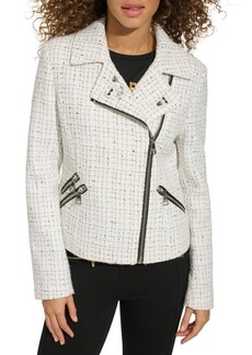 Karl Lagerfeld Paris Pin Detail Tweed Moto Jacket