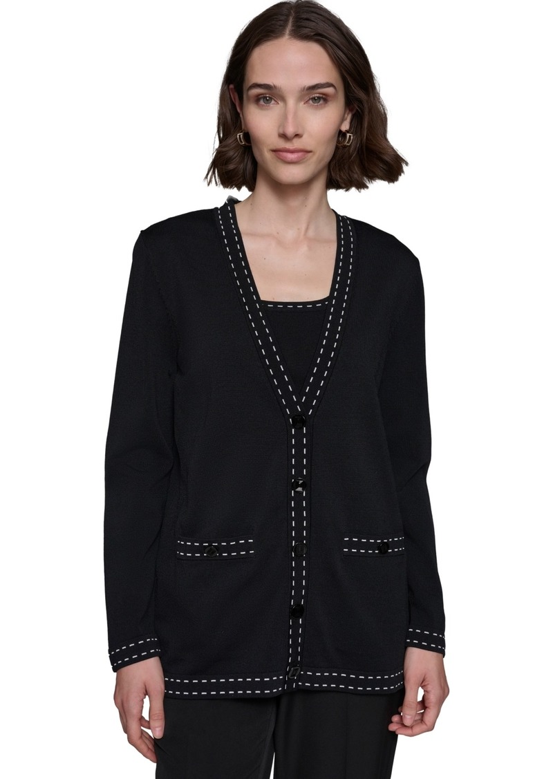 Karl Lagerfeld Women's Contrast-Stitch Button-Up Cardigan - Bk/sf Wht2