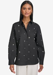 Karl Lagerfeld Women's Cotton Embellished Long-Sleeve Blouse - Black