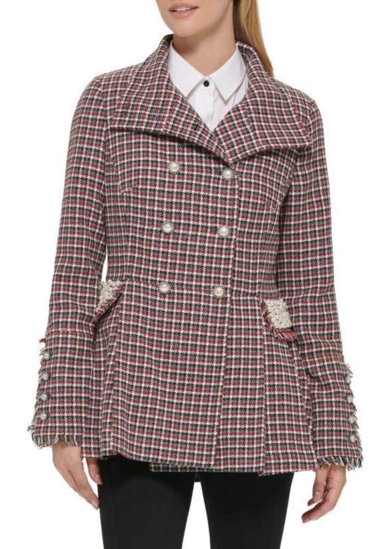 Karl Lagerfeld Pleated Wool Blend Double Breasted Jacket