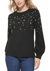 Karl Lagerfeld Womens Knit Embellished Crewneck Sweater