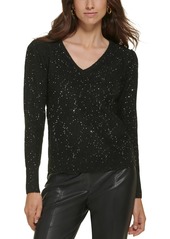 Karl Lagerfeld Womens Metallic V-Neck Pullover Sweater