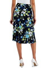 Kasper Petite Floral Flared Pull-On Midi Skirt - Black/Light Azure