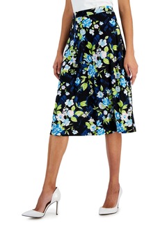 Kasper Women's Printed Pull-On Flared Midi Skirt - Black/Light Azure Multi