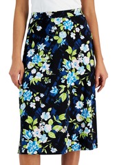 Kasper Petite Floral Flared Pull-On Midi Skirt - Black/Light Azure