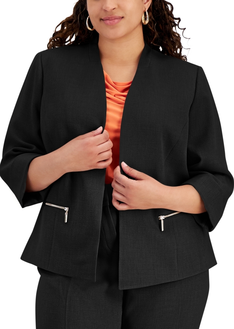 Kasper Plus Size 3/4-Sleeve Collarless Blazer - Black